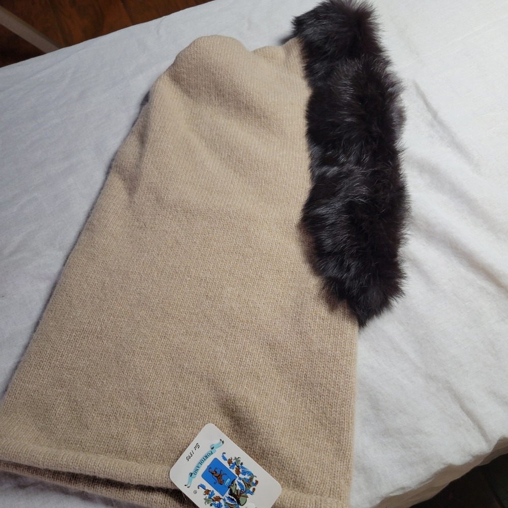 NEW Portolano Lambswool Angora Knit Hood Scarf Rabbit Fur Trim Camel Brown